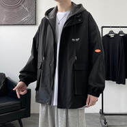 RXEX外套男春秋冬季潮流韓版寬松休閑衣服男裝潮牌假兩件工裝連帽夾克 JK303-黑色-常規(guī) XL （店長推薦）