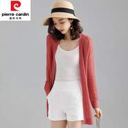 皮爾卡丹（pierre cardin）桑蠶絲針織開衫女中長款時尚夏季外搭空調(diào)衫薄款鏤空防嗮披肩外套 皮紅 XL