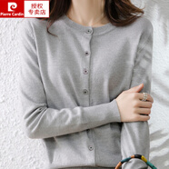皮爾卡丹（pierre cardin）2024春秋季新款圓領(lǐng)針織打底開衫女長袖百搭帶金絲線外套上衣毛衣 灰色 M