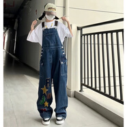 索菲堡 美式復(fù)古鹽系高街2023夏牛仔背帶褲女個(gè)性風(fēng)小個(gè)子嘻哈連體長(zhǎng)褲 深藍(lán)色 S