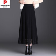 皮爾卡丹（pierre cardin）蕾絲拼接毛線裙女秋冬黑色長裙子2023新款高腰針織a字大擺半身裙 黑色 均碼 體重85~140斤