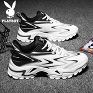 花花公子（PLAYBOY）男鞋子男2025夏季老爹鞋男運動潮流休閑鞋男士透氣跑步鞋 白黑 44
