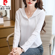 皮爾卡丹（pierre cardin）連帽衛(wèi)衣純棉長袖T恤女2024年春秋新款寬松打底帽衫短裝薄款上衣 白色 M 165