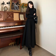 水畔衣人高檔品牌大碼女春秋法式黑色針織長(cháng)款修身顯瘦赫本風(fēng)感氣質(zhì)連衣裙 黑色 【赫本風(fēng)端莊大氣修身長(cháng)袖 2XL 【歐美洋氣減齡別致垂墜感黑