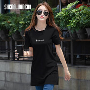 圣羅地奧長(cháng)款t恤女遮臀短袖中長(cháng)款t恤夏季正肩顯瘦棉體恤衫休閑遮屁股上衣 黑色字母 XL 建議105-115斤