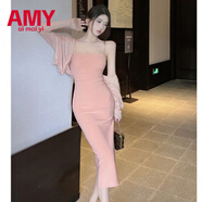 愛(ài)麥依新款氣質(zhì)優(yōu)雅法式溫柔連衣裙套裝遮肉吊帶裙顯瘦包臀長(cháng)裙短款外套 粉色吊帶裙 XL 135-160斤
