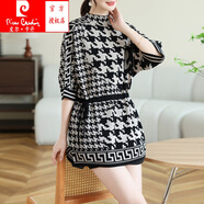 皮爾卡丹（pierre cardin）高品質(zhì)套頭衫女2025早秋新品蝙蝠中袖千鳥(niǎo)格系腰帶顯瘦針織衫毛衣 黑色 均碼
