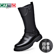 卡帝樂(lè )鱷魚(yú)（CARTELO）長(cháng)靴男軟皮厚底真皮機車(chē)騎士靴內增高馬靴高筒靴高幫加絨馬丁靴潮 黑色 90505-1單鞋平跟 44 (270mm)