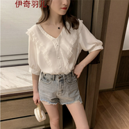 襯衫女裝2022年新款夏裝雪紡衫短袖夏韓版領(lǐng)寬松蕾絲打底網(wǎng)紗半袖女設計感心機上衣蕾絲衫上衣女士夏 白色 S