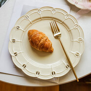 佳億廚連歐式浮雕奶油黃鏤空陶瓷盤(pán)子婚禮餐盤(pán)蕾絲蛋糕點(diǎn)心盤(pán)下午茶水果盤(pán) 奶黃色鏤空盤(pán) 8英寸