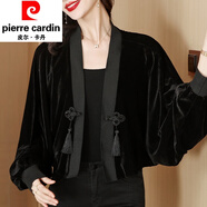皮爾卡丹新中式復古金絲絨開(kāi)衫外套女士裝秋季新款外搭寬松短款蝙蝠袖上衣 黑色《高級感時(shí)尚氣質(zhì)時(shí)髦洋氣女 M 90-120斤