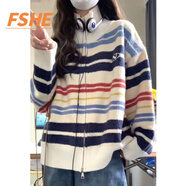 FSHE彩虹條紋復(fù)古雙開拉鏈針織開衫秋天外套毛衣女寬松外穿新款慵懶風 圖片色 S 建議70-85斤