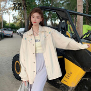 艾珠兒（Aizhuer）秋季韓版寬松刺繡白色牛仔外套女清新甜美休閑復古上衣立領(lǐng)牛仔衣 米白色 M