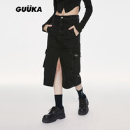 古由卡（GUUKA）美式街頭牛仔半身裙女2025新款嘻哈 立體多袋破壞開衩中長款A(yù)字裙 黑色 S