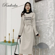 Radinka2024秋新款韓版氣質(zhì)毛呢連衣裙復(fù)古開叉收腰過膝中長(zhǎng)款衛(wèi)衣裙XMF 杏色 L