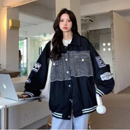 菲尼東爵@歐美高街男友風(fēng)牛仔外套女ins潮秋男友風(fēng)美式復古棋盤(pán)格上衣2022 黑色-國潮-JK8518 M