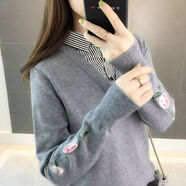 蘭威費(fèi)雷春季新款毛衣女學(xué)生韓版寬松假兩件襯衫領(lǐng)刺繡打底針織衫女 灰色 S 【建議80-90斤】