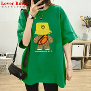 LOVER RUCCI韓國2025新款高級灰中長(cháng)款大版t恤短袖女寬松小熊圓領(lǐng)遮屁股上衣 綠色 S (80-100斤)