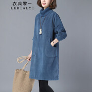 衣典零一（LEDIALYI）加絨加厚燈芯絨連衣裙2023冬季女裝新款時尚氣質(zhì)高領(lǐng)打底衛(wèi)衣裙子 藍(lán)色 XL（推薦143-155斤）