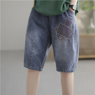 UKCF馬褲女刺繡牛仔褲女夏裝新款中褲休閑寬松復古拼接直筒百搭女士哈倫褲女 966#【刺繡魚(yú)仔五分】 5XL 建議160-180斤