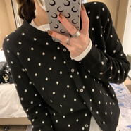 牧蘭奴卡秋季新款甜美減齡圓領開衫女純羊毛長袖寬松毛衣外套波點針織上衣 黑色 L (110-120斤)