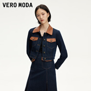 VEROMODA短外套女24秋新款短款原色牛仔九分袖拼接仿皮森女學(xué)院風(fēng)淑女 特深牛仔藍色 160/80A/S