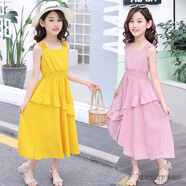 溜溜蛙童裝女童連衣裙夏新款兒童公主裙夏裝雪紡裙中大童夏季新款韓版吊帶裙4-13歲小女孩裙子夏款長(cháng)裙潮 黃色 130