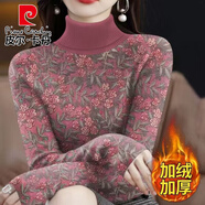 皮爾卡丹（pierre cardin）加絨保暖女士半高領(lǐng)長(zhǎng)袖T恤打底衫春秋冬季新款氣質(zhì)上衣百搭 18180#高領(lǐng)螺紋紅碎花/加絨加厚 L 建議體重95-110斤