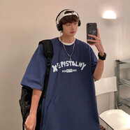 潮陣夏季純棉短袖t恤男情侶寬松港風字母印花ins潮牌學生圓領(lǐng)簡約T恤 藏藍色 L