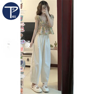 PMOG奶白色紙片休閑工裝哈倫褲女夏季寬松舒適奶奶褲小個(gè)子蘿卜褲 奶白色 夏季 L 建議115-130斤