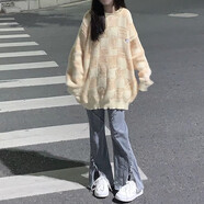 熙敘晨韓版高街開叉毛邊牛仔褲女春秋新款ins寬松學生顯瘦闊腿微喇長褲 藍色+腰帶  S