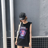 EPET中長款寬松BF韓版學(xué)生夏季無袖t恤女運動跨欄小背心坎袖吊帶ins潮 黑色-32號-自帶防走光小背心  M 建議100斤以下