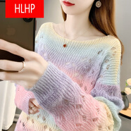 HLHP鏤空2022春秋新款馬海毛毛衣女裝早秋寬松洋氣針織打底衫上衣薄款 黃色 M