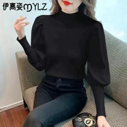 伊離姿半高領(lǐng)打底衫女秋冬感2025新款時髦時尚洋氣泡泡袖毛衣女內(nèi)搭 黑色 XL 建議110-120斤