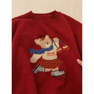寧雨昔韓系復古趣味卡通小熊提花圓領(lǐng)套頭毛衣女秋冬寬松軟糯紅色針織衫 紅色 均碼