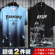 汐嘻短袖T恤男夏季薄款男裝潮流半袖體恤衫時(shí)尚休閑透氣男士百搭上衣 【兩件裝】T102藍(lán)+T104黑 XL碼建議110-125斤穿