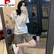 皮爾卡丹（pierre cardin）三亞旅行穿搭套裝女夏云南西雙版納衣服泰國沙灘裙海邊度假連衣裙 白色T恤+條紋褲子 S 建議80-100左右