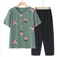 中老年人媽媽短袖夏裝開衫上衣女寬松套裝棉綢奶奶衣服套裝人造棉 淺綠色（套裝） 5XL （建議135-150斤）