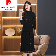 皮爾卡丹（pierre cardin）加絨加厚毛衣裙女秋冬配大衣的針織連衣裙中長(cháng)款一體絨內搭打底衫 黑色 100