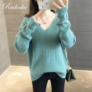 Radinka 2025秋冬新款毛衣女V領(lǐng)純色麻花針織衫打底衫套頭寬松長袖外套女 淺藍(lán)色 S