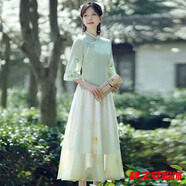 瑪菲萱新中式漢元素禪意茶服旗袍兩套裝改良漢服女文藝國風(fēng)仙氣上衣套裝 綠色上衣+杏色裙子【兩件套】 3XL 建議130-145斤