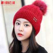 素錦初瀾 帽子女冬天毛線帽女秋冬季韓版潮流學(xué)生可愛兔毛針織帽加絨保暖騎車護(hù)耳套頭帽月子帽 紅色