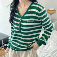 尚濤新款女裝毛衣女薄款春秋針織衫V領(lǐng)條紋外穿套頭長(cháng)袖打底衫女士 綠條紋 2XL 建議120-130斤
