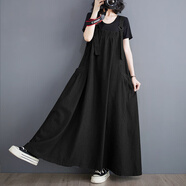 未萱連衣裙長(cháng)款到腳踝微胖遮肚子大碼女裝無(wú)袖長(cháng)裙復古寬松顯瘦棉麻 黑色