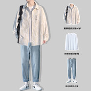 主意范（ZHUYIFAN）胖子超大碼休閑襯衫男士短袖夏季寬松大碼冰絲學生外套襯衣套裝 C3511白色+純棉T恤+牛仔褲 XL (175) 125-145斤