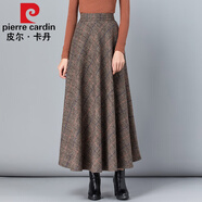 皮爾卡丹高檔品牌女裝2022秋冬毛呢格子半身裙女百搭高腰A字裙中長(cháng)款加厚顯瘦長(cháng)裙 咖啡紋格 L