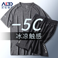 艾倫伯頓（Alen Botun）運動套裝男健身服速干冰絲休閑短袖夏季寬松薄款訓練籃球跑步服 170灰寬松兩件套【冰涼觸感】 XL(145-165)斤
