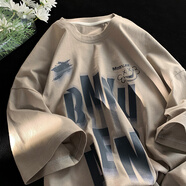 摘星少年衣服男印花短袖T恤男夏季復(fù)古潮流百搭半袖ins港風(fēng)韓版潮牌寬松圓領(lǐng)衣服男 駝色 涂 XL 115-140斤 優(yōu)先發(fā)貨
