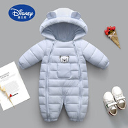 迪士尼（Disney）品牌童裝嬰兒連體衣秋冬爬服男女寶寶衣服冬季幼兒冬裝外出抱抱服 藍色雙拉鏈(不加絨) 手提禮品袋 90碼(建議8-12個月18-22斤)