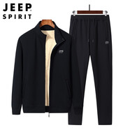 JEEP SPIRIT休閑套裝男士運動跑步春秋季寬松大碼衛(wèi)褲青年開衫衛(wèi)衣衛(wèi)褲兩件套 黑色+直筒褲加絨 XL